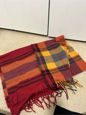 Plaid Fringe Blanket Scarf in Red, Orange & Yellow